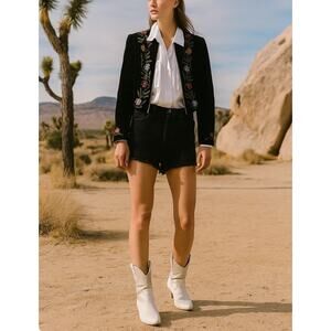 Vintage Diamond Leather Suede Jacket Size 6 Beaded Floral Western Boho USA i11